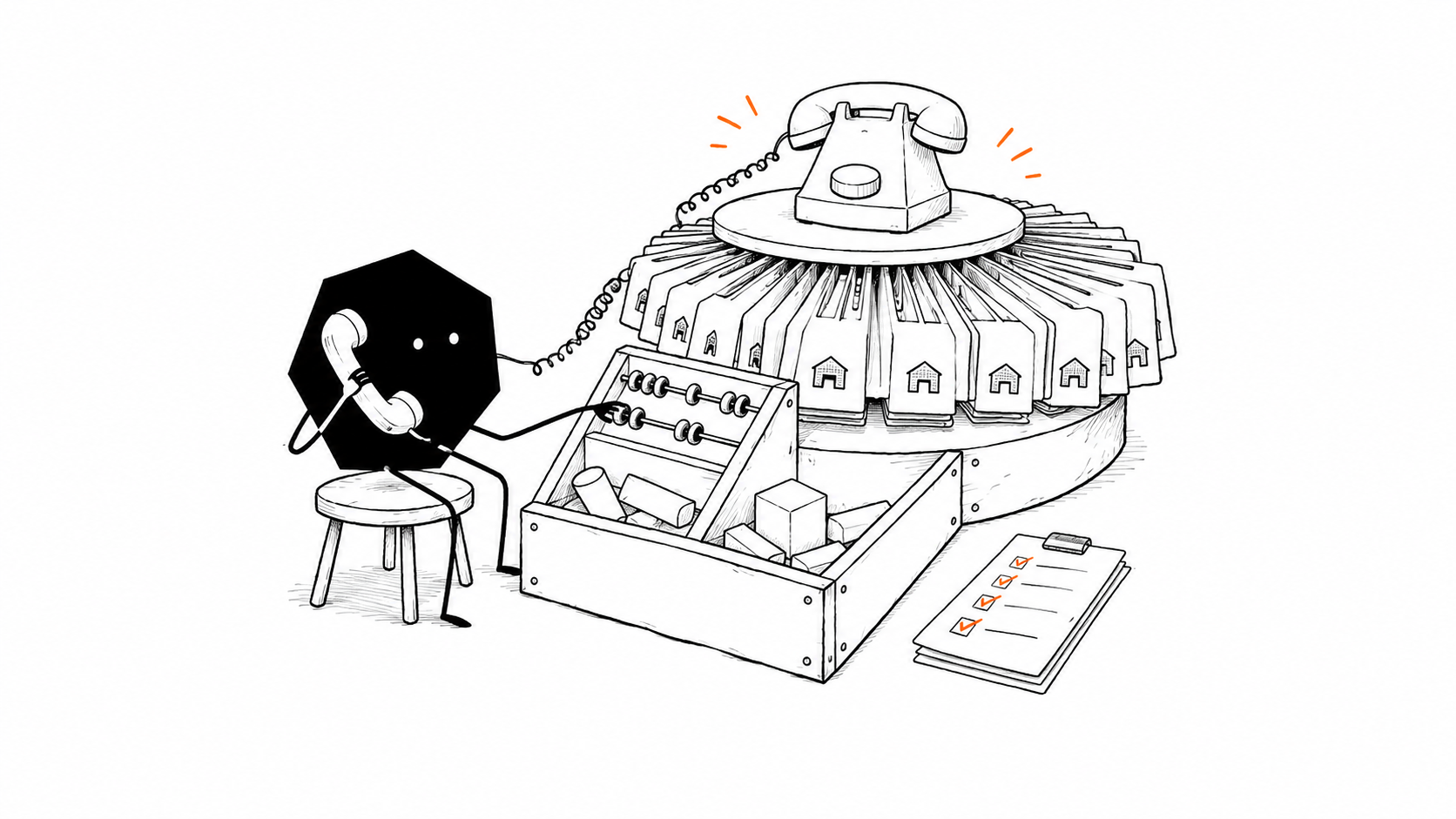 Conceptual illustration of a Solid worker making supplier calls while updating an inventory abacus and materials bin.