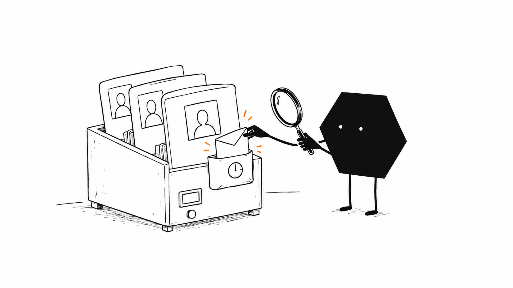 Conceptual illustration of a Solid worker selecting a candidate profile and attaching outreach and a timed follow-up.