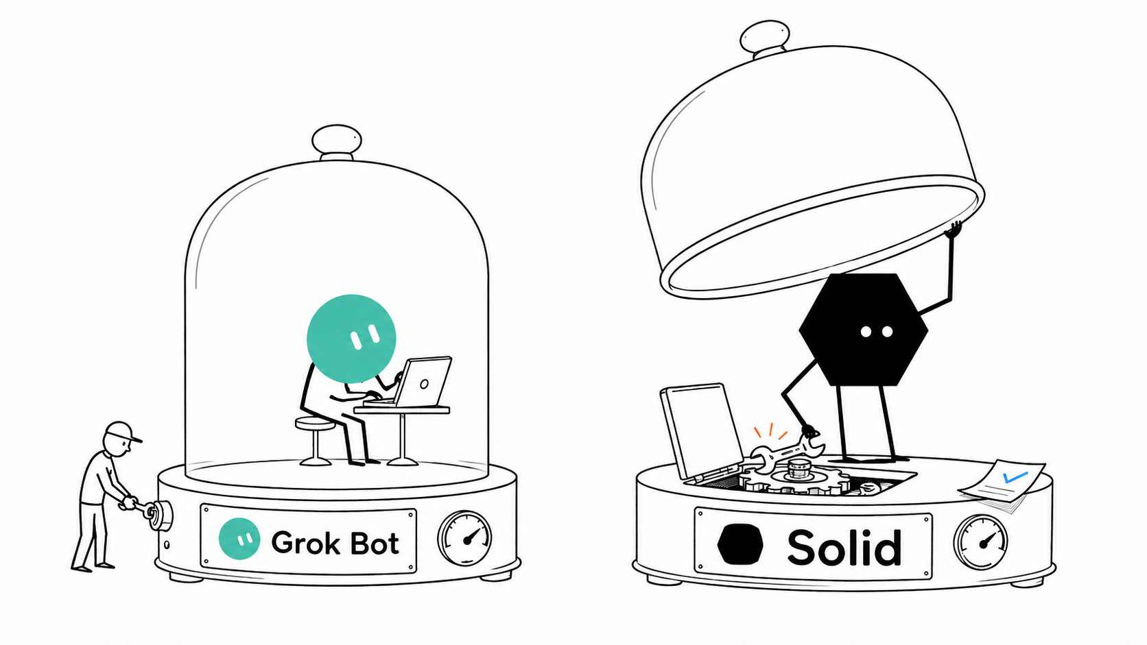 Solid vs Grok Bot metaphor: a person services Grok Bot's enclosure while Solid lifts its own lid to fix the machinery beside a checked task.