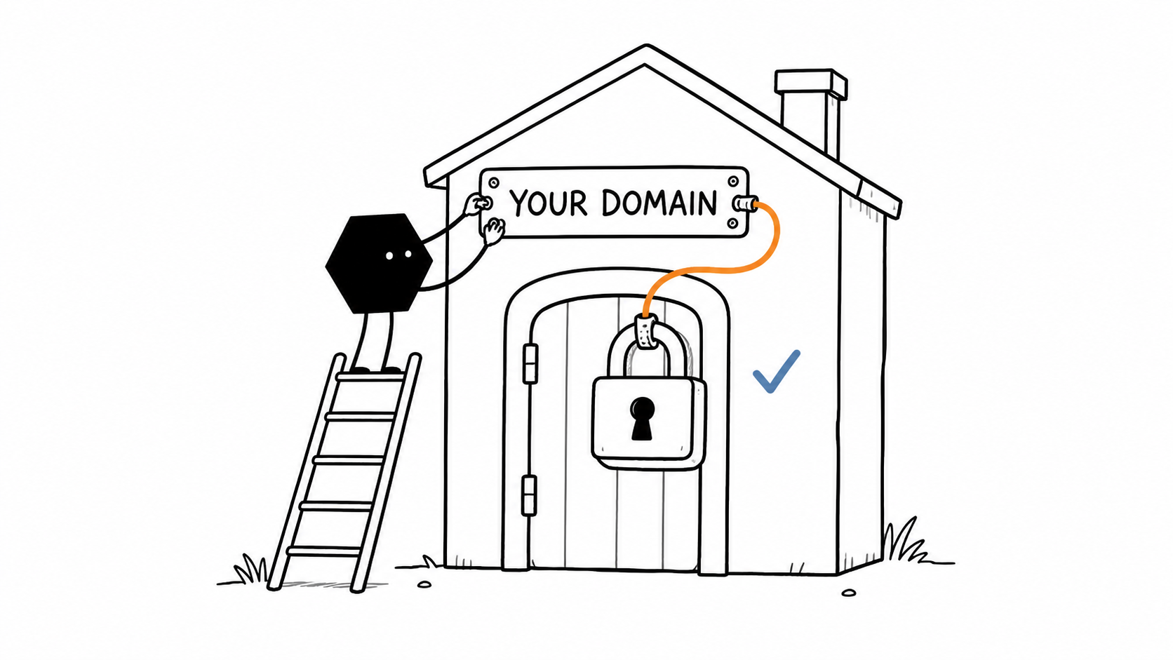 Solid mounts a custom domain sign above a web house and connects it to a checked lock.