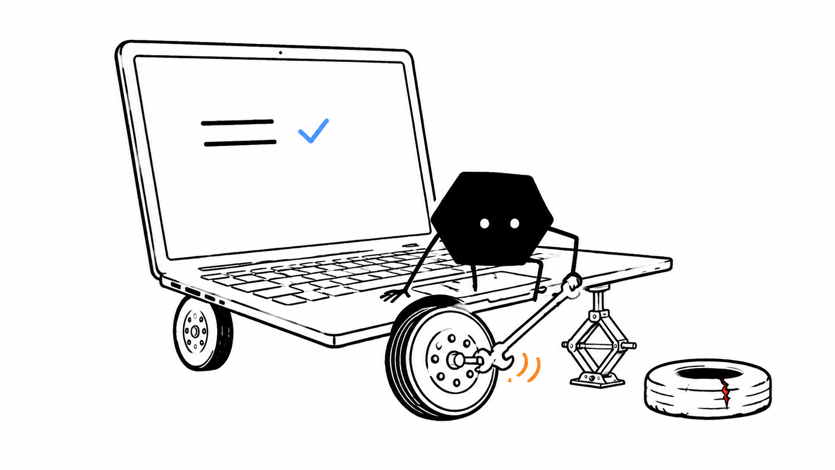 Solid sits on its laptop and replaces a flat tyre beneath it, acting as its own pit crew. A checkmark on the screen signals the job can continue.