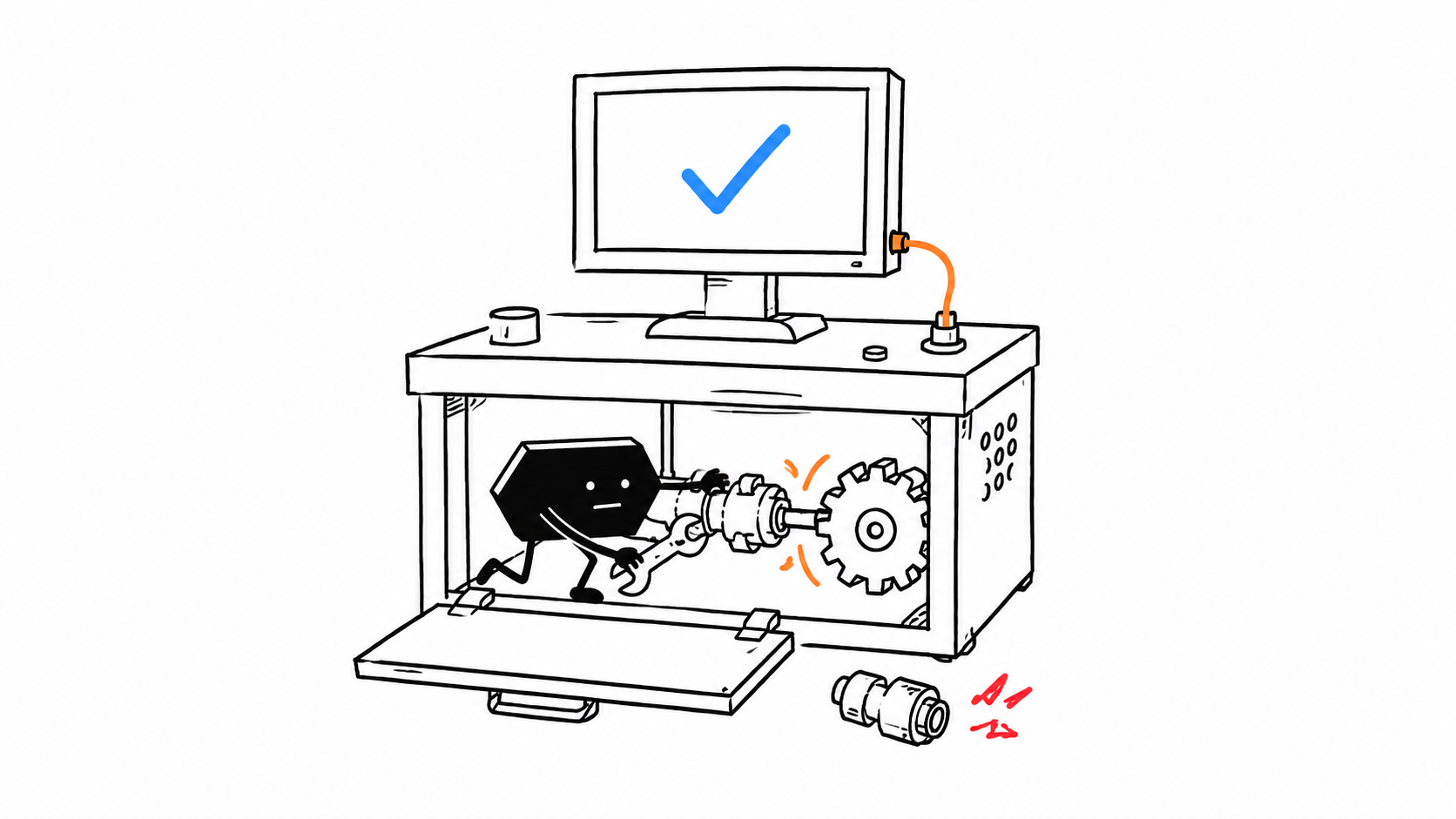 A Solid worker repairs a coupling inside its own workstation while the monitor above shows a successful check.