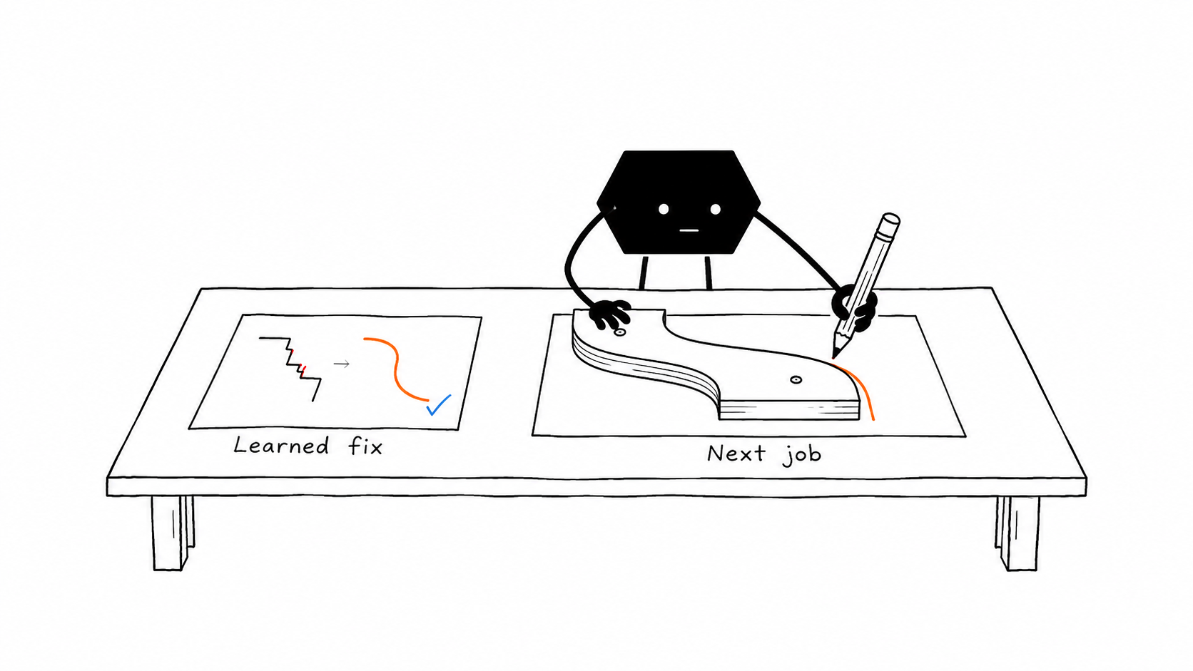 A Solid worker uses a corrected pattern from a previous job as a reusable drawing guide for the next job.