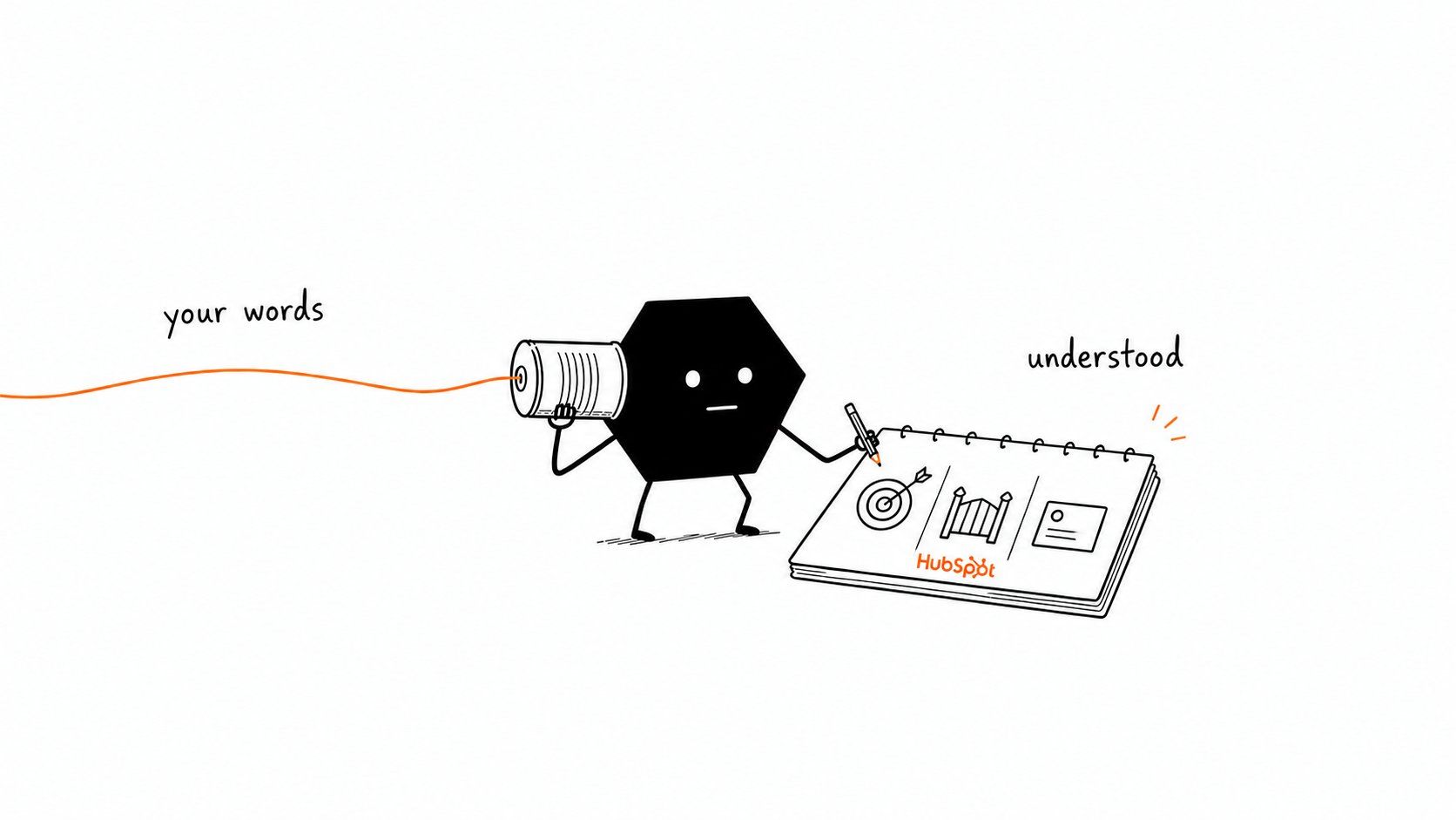 Solid listens through a tin-can telephone and records the outcome, rules, and example beside the HubSpot logo.