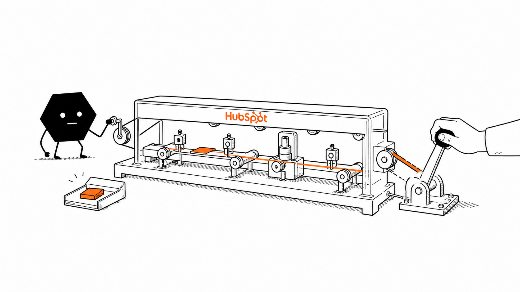 Solid runs a visible HubSpot conveyor while a person holds the lever that disconnects its drive.