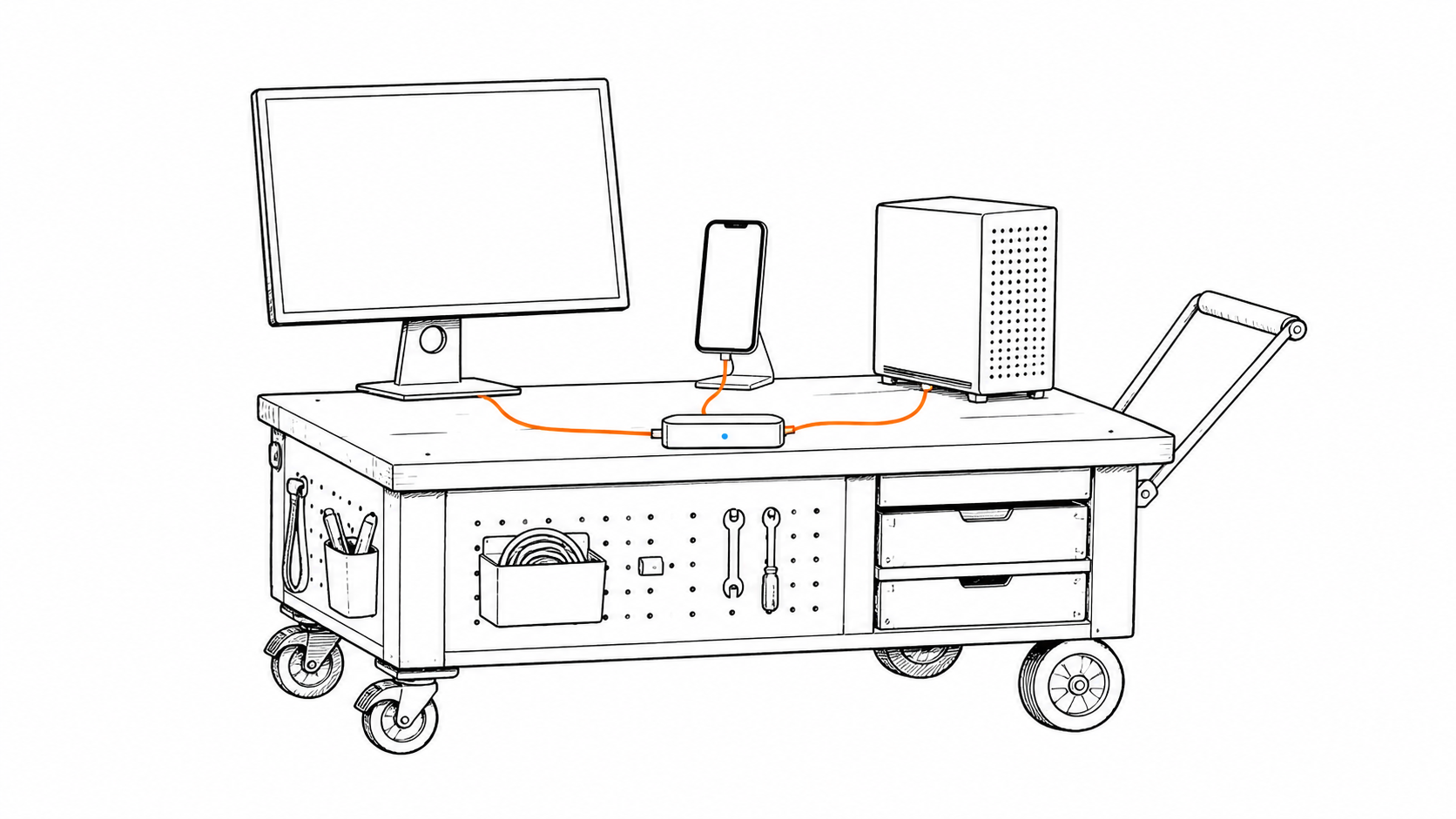 A mobile workbench equipped with a computer, phone, server, and tools.