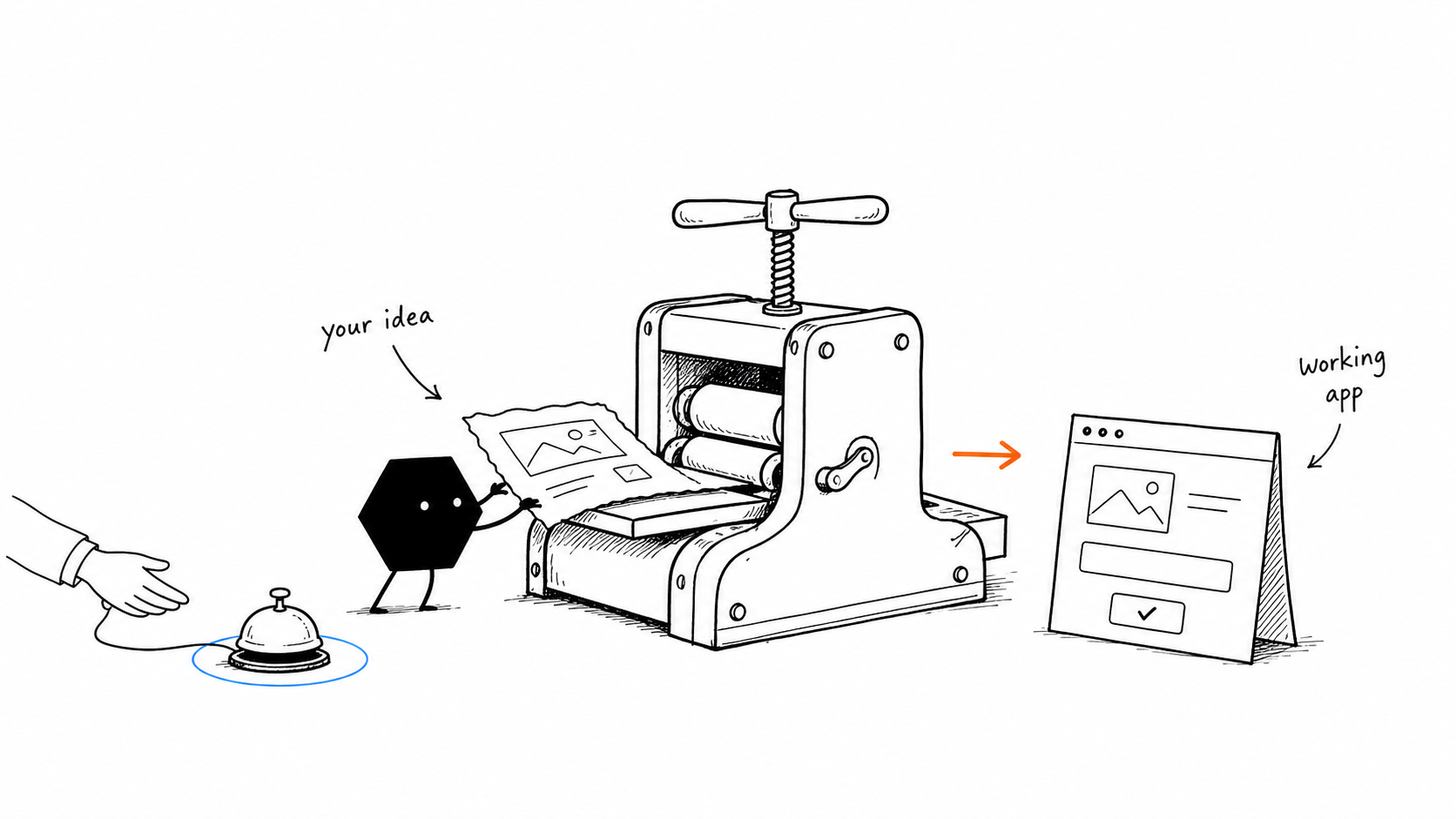 A Solid worker turns a person's request into a working app using a small hand-operated press.
