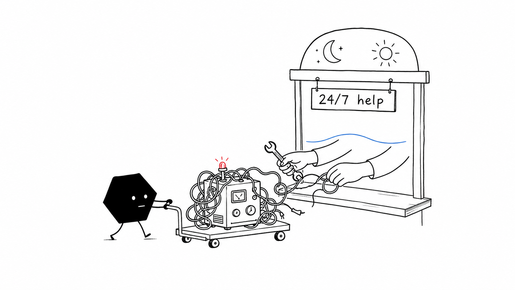 A Solid agent brings a tangled machine to a 24-hour help window where human hands begin repairing it.