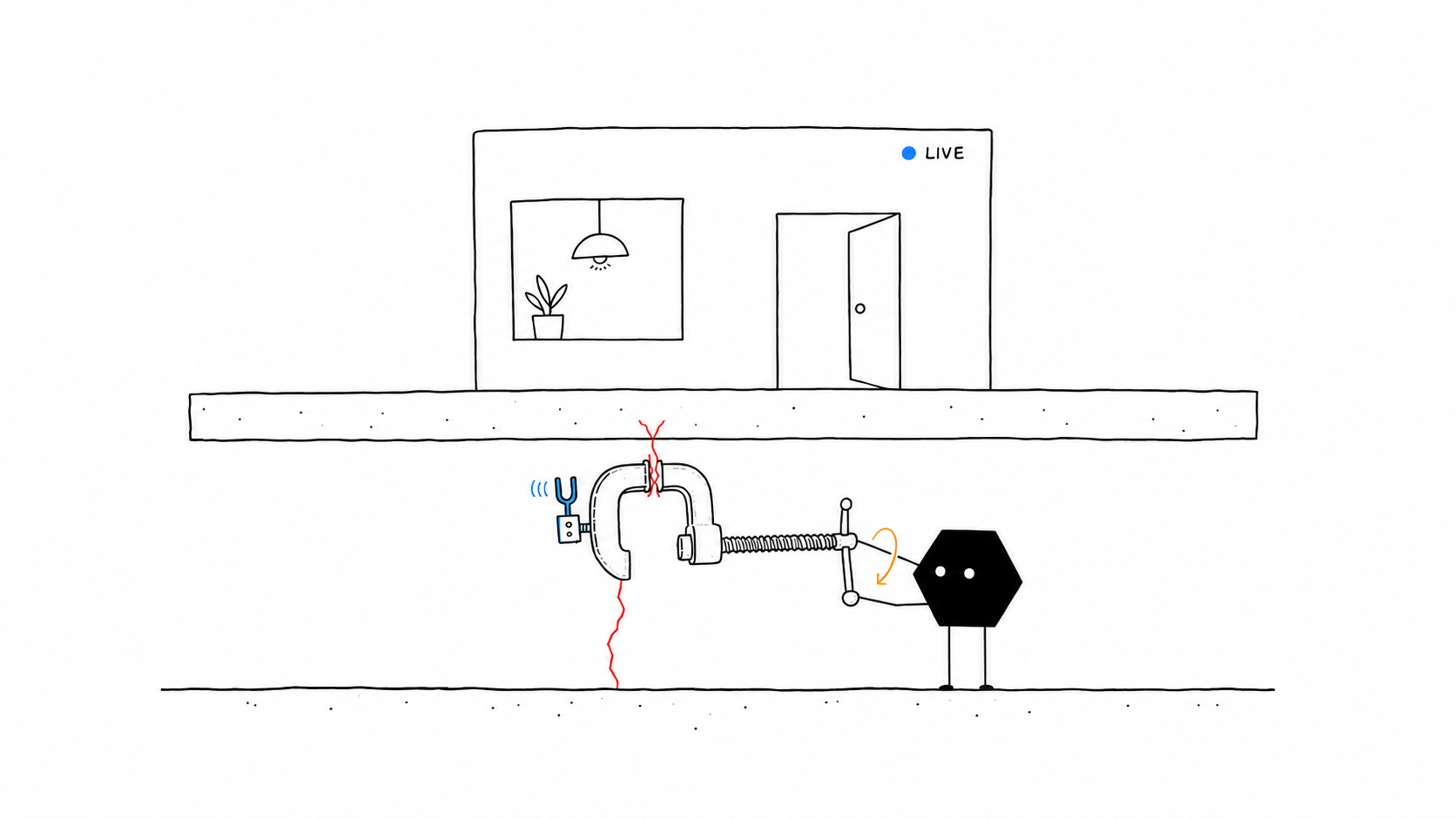 Solid tightens a sensor-equipped clamp around a hidden crack before it reaches the live app above.