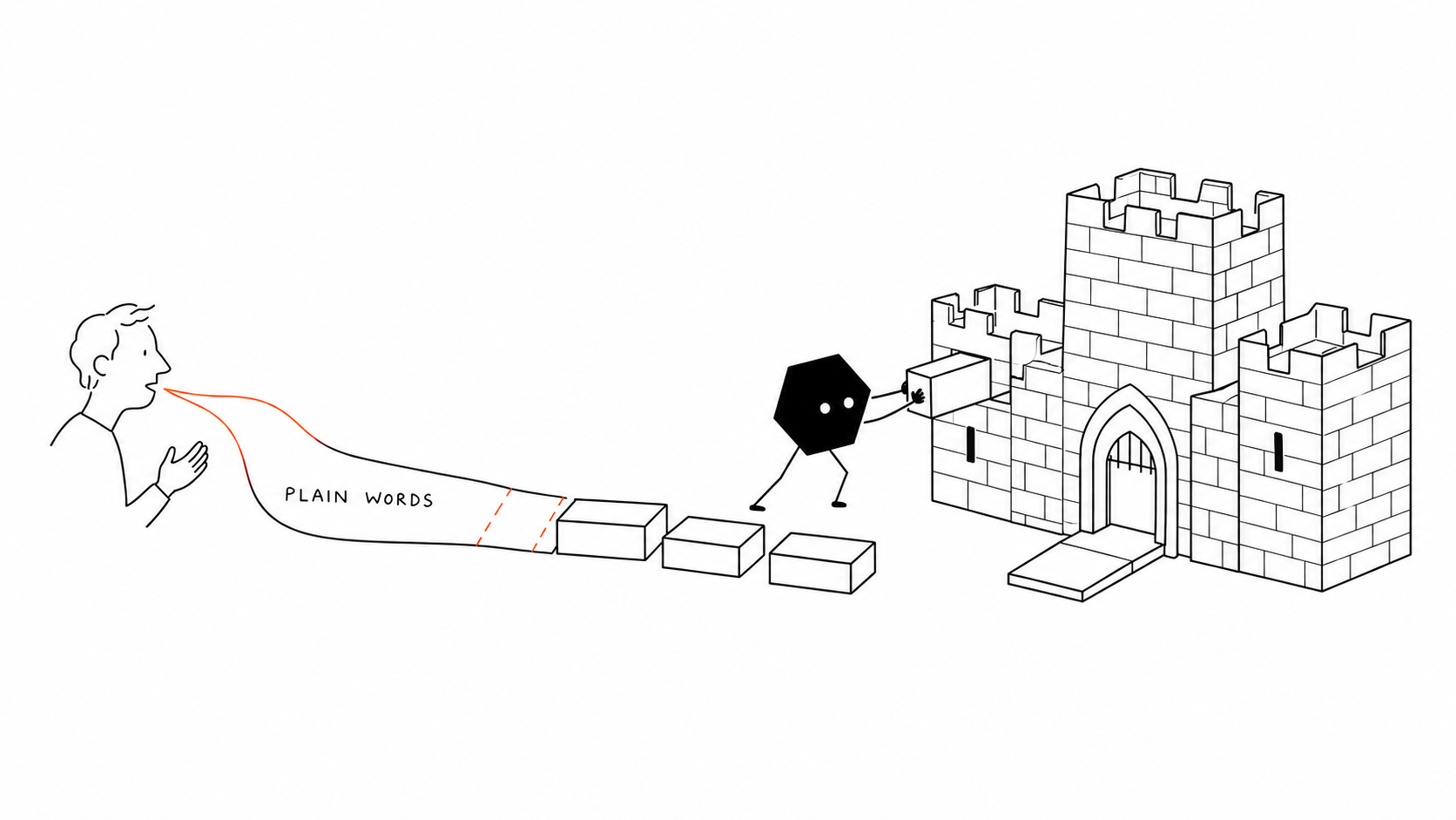 A person's plain words become bricks that Solid carries into an unfinished castle wall.